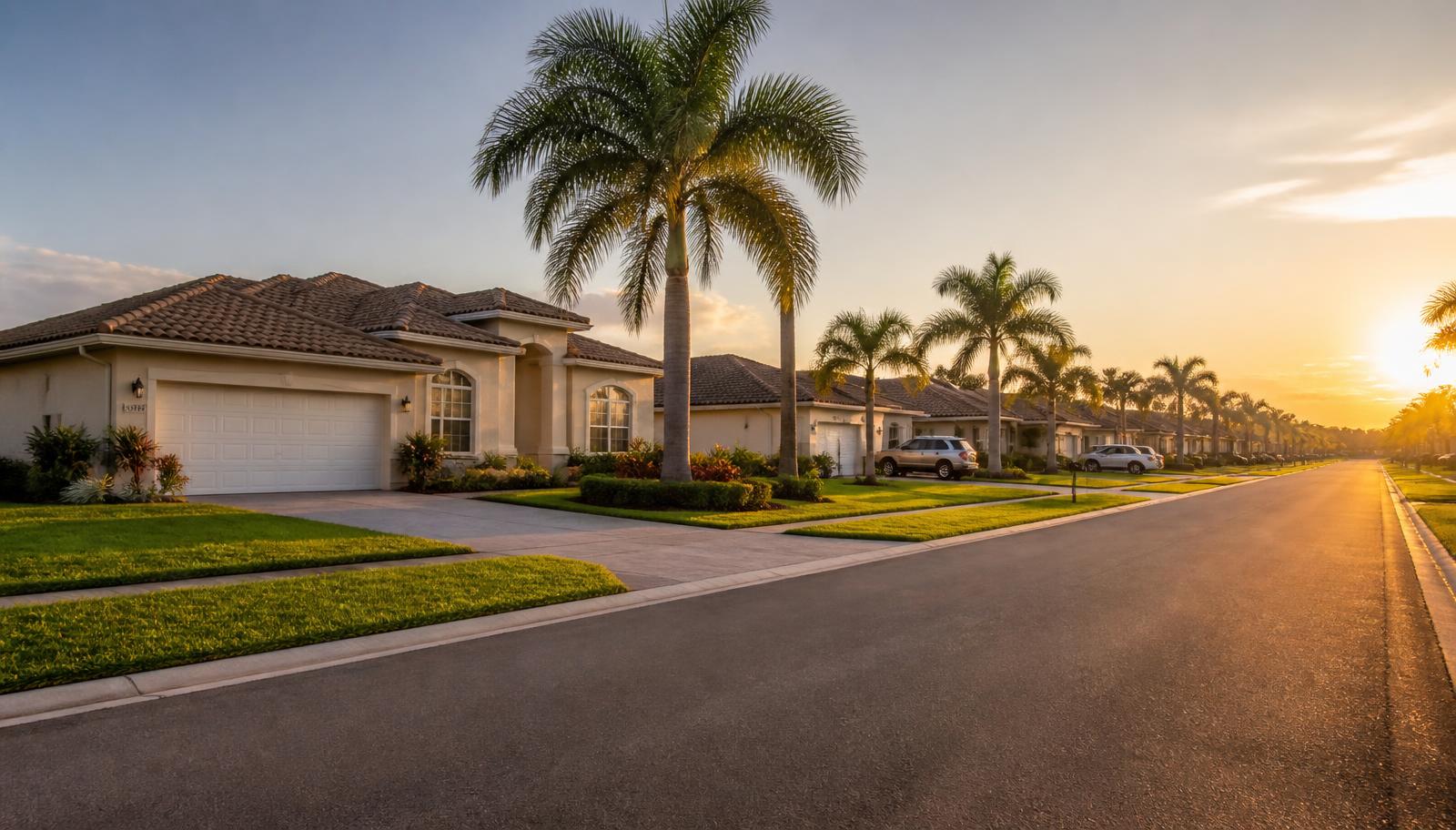 Southwest Florida residential street of single story homes and palms at golden hour